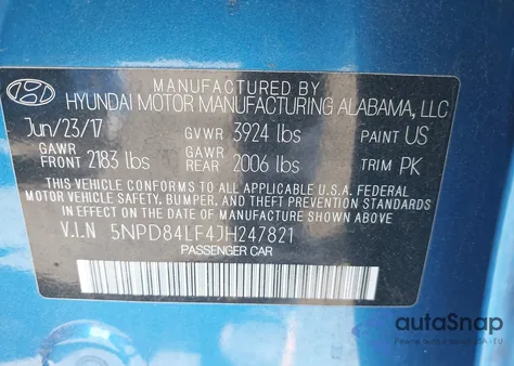 2018 Hyundai Elantra Sel z USA, uszkodzony, nr VIN 5NPD84LF4JH247821